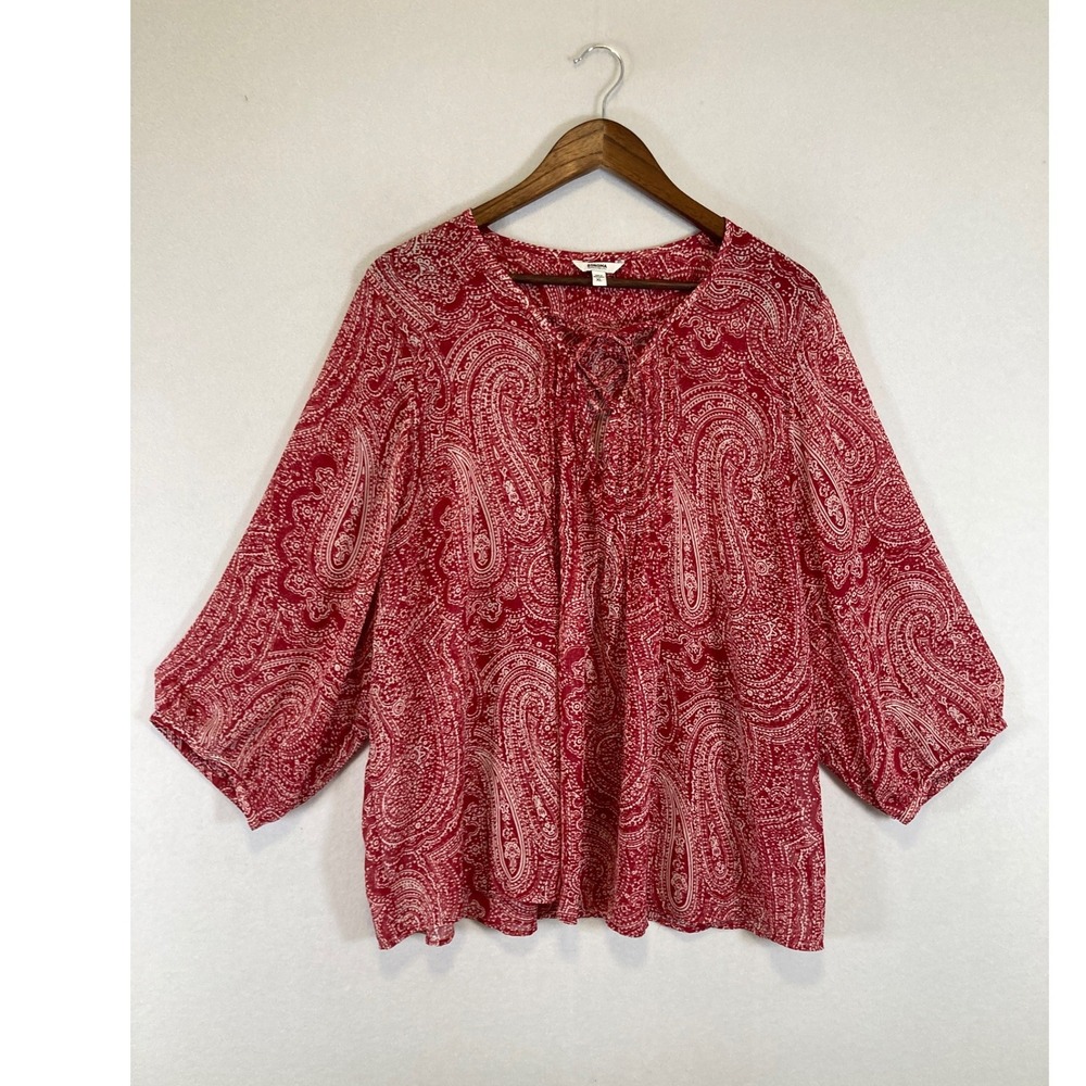 Boho Paisley Sonoma Womens XL Red Lace Up V-Neck 3/4 Sleeve Peasant Blouse Top